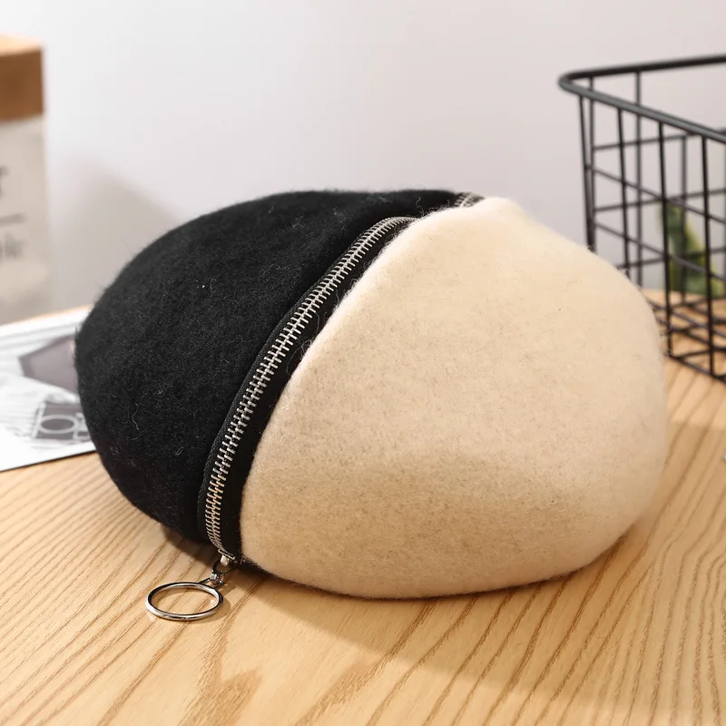 

Zipper beret hat women's autumn and winter woolen octagonal cap two-color retro British painter hat beanie pumpkin cap