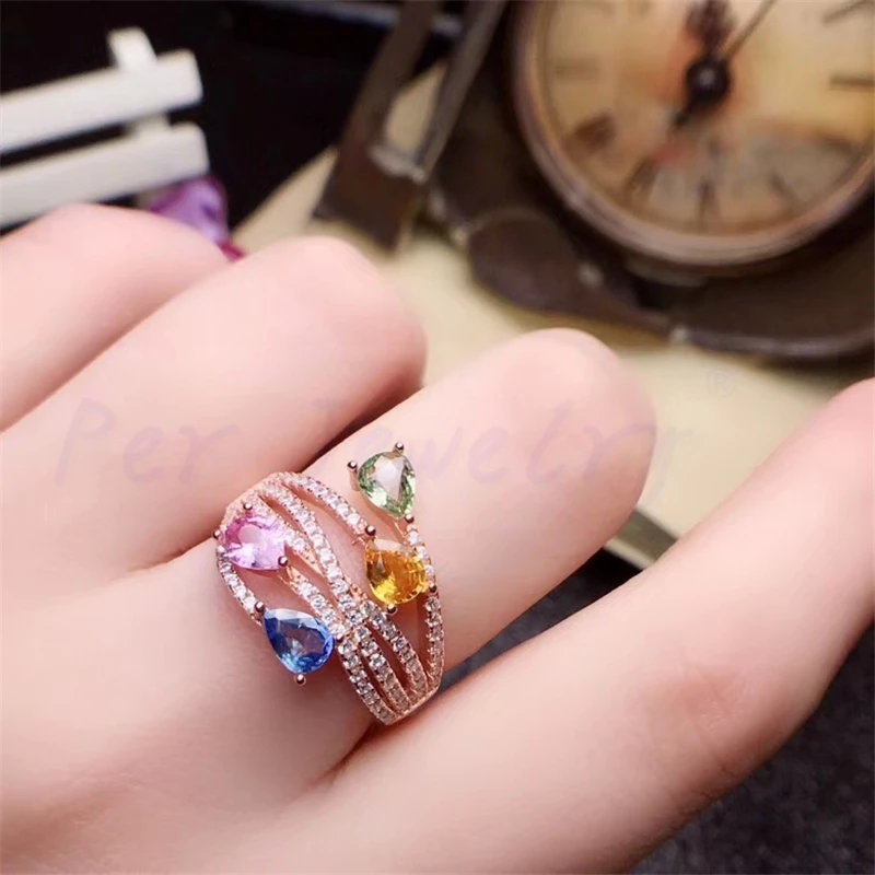 Натуральное Настоящее сапфировое кольцо класса люкс 0.35ct* 4 шт драгоценный камень Серебро 925 пробы ювелирные украшения# R991204