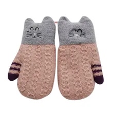 Детские зимние теплые вязаные перчатки в стиле пэчворк с рисунком кота для мальчиков и девочек