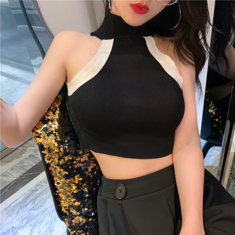 Летние женские облегающие вязаные укороченные майки с воротником Хомутом