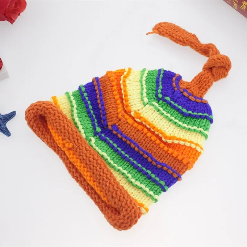 Children Photography Clothing Hand-knitted Colorful Horizontal Striped Wool Long Tail Cap Cute Kids Girls Boy Baby Winter Hats