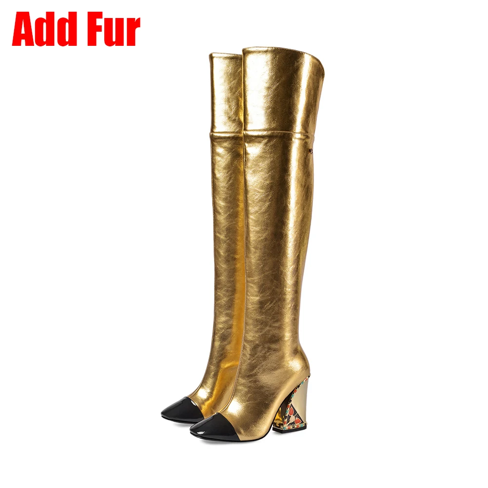gold long thin fur SARAIRIS/Новинка; Роскошные брендовые Сапоги выше колена; женские облегающие высокие сапоги; коллекция года; женская обувь на высоком каблуке для подиума; женская обувь; 33-43 - Цвет: gold long thin fur