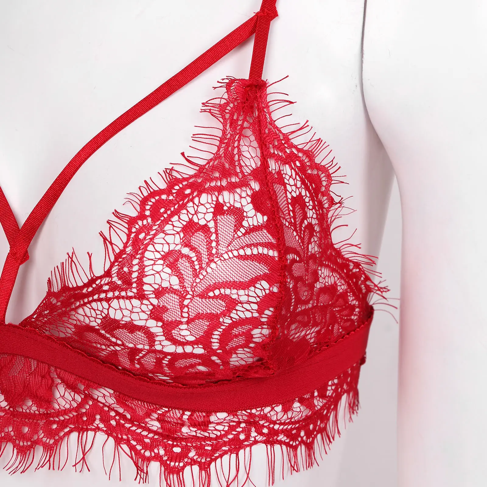 Women Lace Bra Brassiere Red See-through Lace Bralettes Hollow Out Bra Tops Erotic Sexy Lingerie Adjustable Ladies Underwear