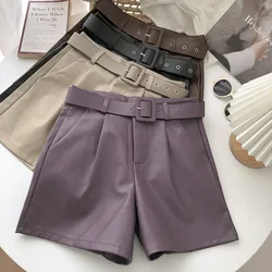 Calções de couro feminino de cintura alta cor sólida coreano retro pu shorts com faixas