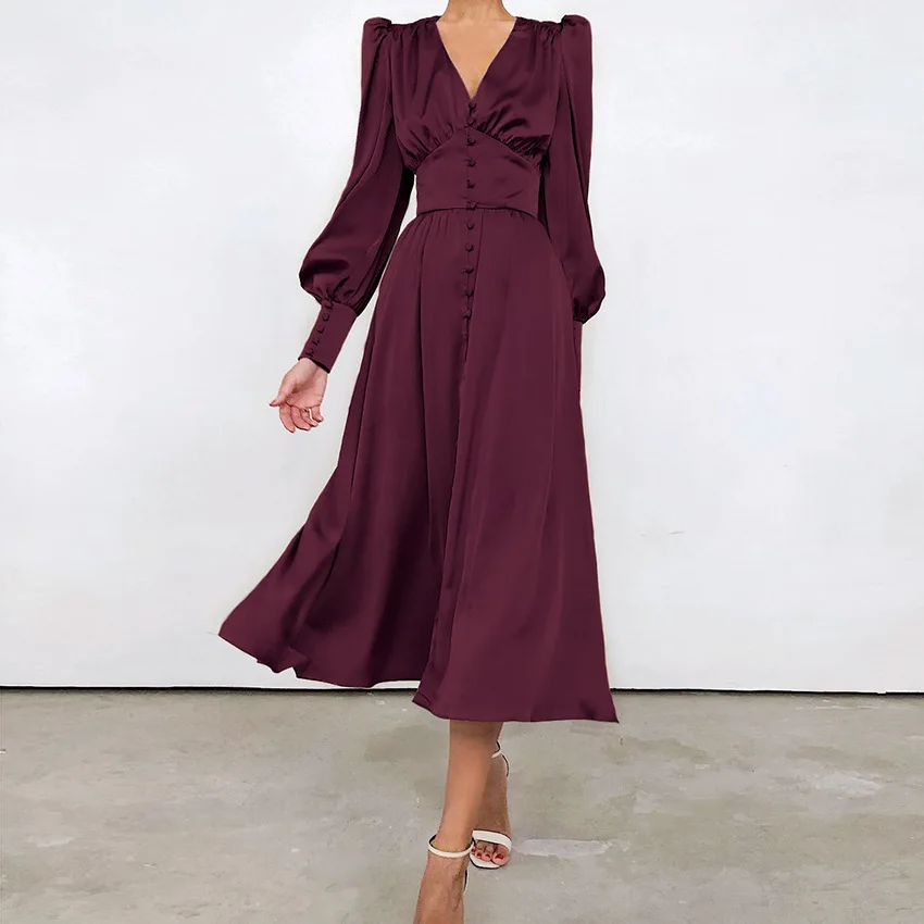 party gown eDressU Elegant Evening Party Dress Silk Satin Mid-Calf High Quality Empire Buttons Vintage Wedding Guest Maxi Dress SJY-6899 dinner dresses for ladies