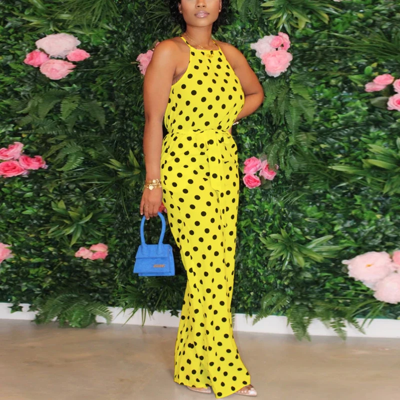 Women Casual Sleeveless Polka Dot Jumpsuits Halter Backless Long Pants Wide Leg Summer Jumpsuit
