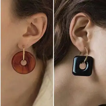 

simple cold French texture resin asymmetric square black round brown Earrings oorbellen broche femme bijoux accessories