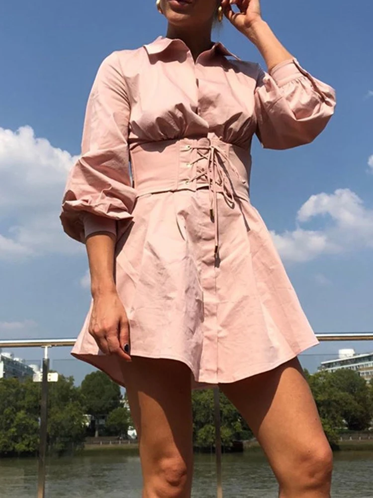 JillPeri Autumn Long Sleeve Shirt Dress with Corset Belt Solid Sexy Elegant Outfit Office Lady Street Wear Party Dress Set