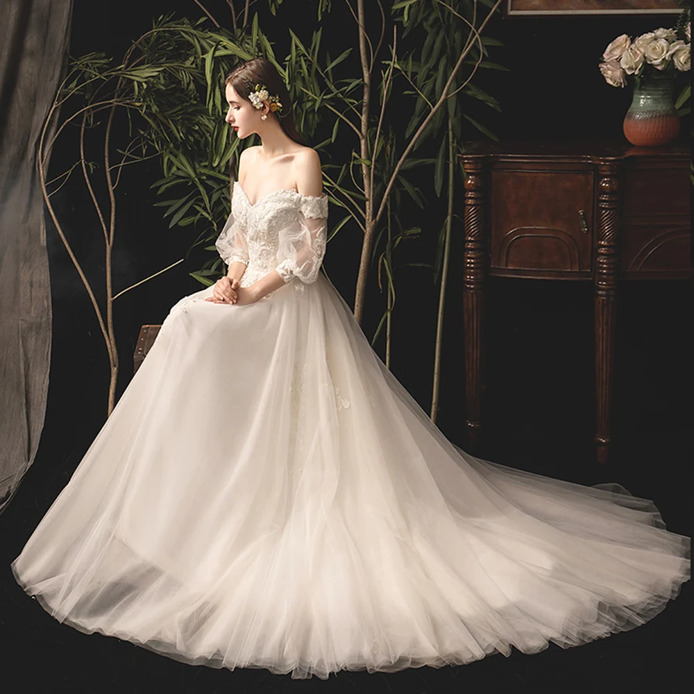 2019 Свадебные платья Boho Vestido De Casamento, с вырезом лодочкой, с короткими рукавами, на шнуровке, с аппликацией из бисера, вуаль, свадебные платья
