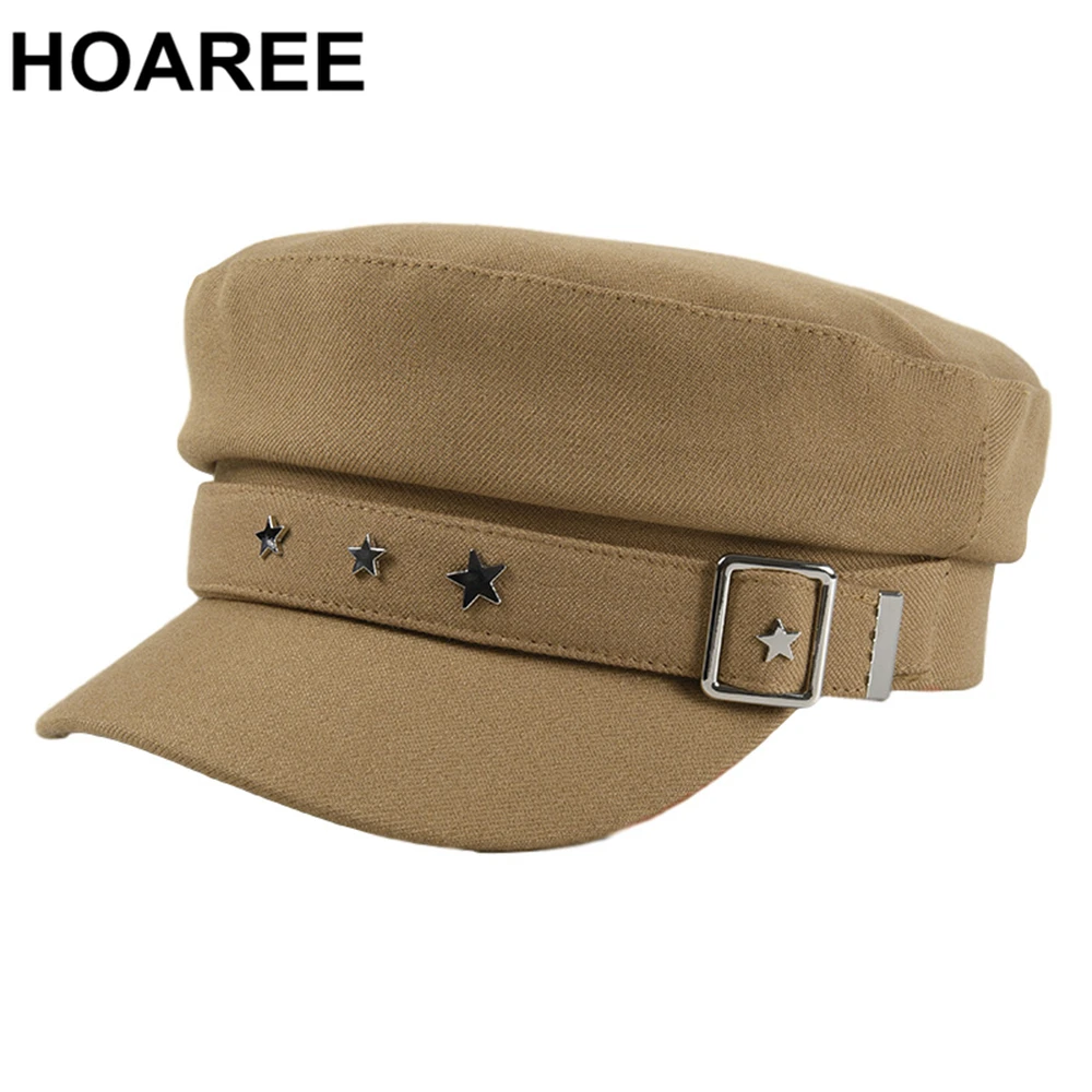 

HOAREE Black Women Hat Rivet Baker Boy Hat British Vintage Army Cap 2020 Autumn Winter New Female Military Hat