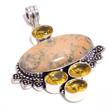 

Leopard Skin Jaspers + Citrines Pendant Silver Overlay over Copper , 61 mm, P6996