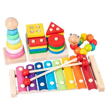 

4Pcs Wooden Building Blocks Set Funny Geometric 4 Columns Hand Knocking Piano Twisted Brick Rainbow Tower Early Educational Toys