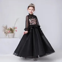Long Sleeves Floral Girls Dress Formal Tulle Pageant Gowns Black High-Neck Girls Birthday Party Gown New
