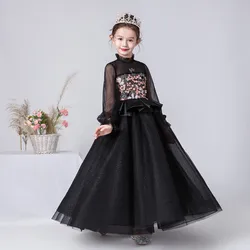 Long Sleeves Floral Girls Dress Formal Tulle Pageant Gowns Black High-Neck Girls Birthday Party Gown New