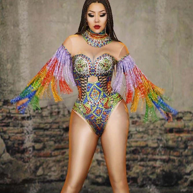 Sexy Tassel Glisten Crystals Bodysuit Fringe Sleeve Rhinestones Tights Stage Wear Bar DJ Sexy Singer Dancer Dance Costume