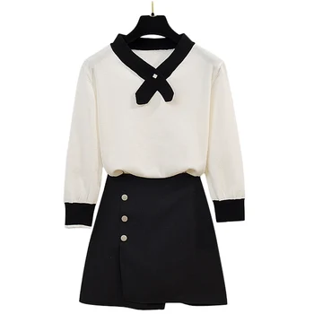 

Early Autumn New Fashion Nail Flower Knitting Wear White Sweater & Single-Breasted Black Skirt 2 Pcs Clothing Set Knitwear
