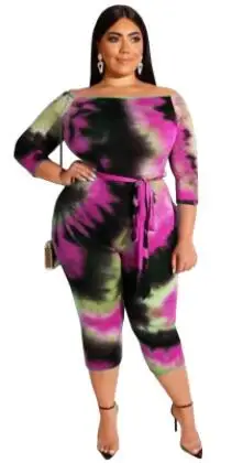 Облегающие комбинезоны до колена размера плюс с принтом Tie Dye, уличная одежда, женские комбинезоны с длинным рукавом и поясом SS19418G - Цвет: Фуксия