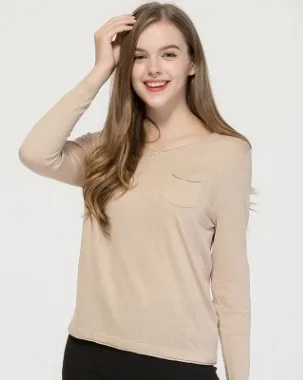 Бежевый Осенняя и зимняя новая шелковая женская футболка с v-образным вырезом, сплошной цвет, свободная футболка с длинным рукавом, шелк тутового цвета, плюс хлопок, трикотаж - Цвет: Бежевый