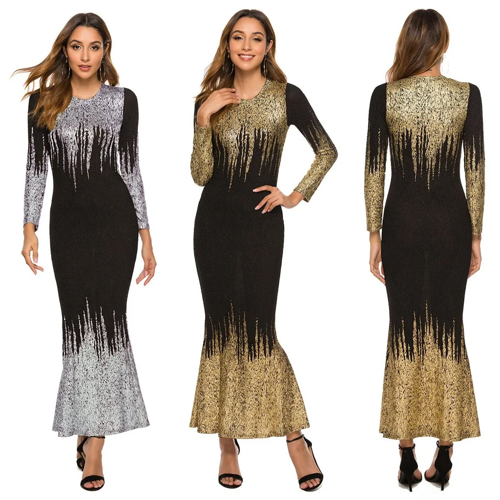 Vestidos robe hiver femme платья размера плюс женские вечерние платья с круглым вырезом и длинным рукавом золотого и серебряного цвета с принтом sukienki