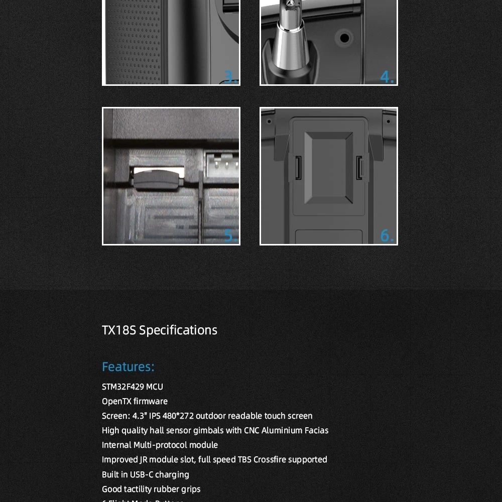 RadioKing TX18S/Lite Transmitter, TX18S Specifications Features: STM3ZF429 MCU OpenT