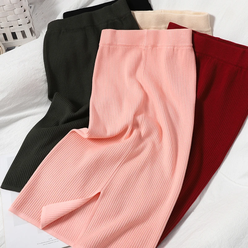 

HELIAR Women Knitting Solid Skirt Spring Casual A-line Skirts Female Wide Leg For Women Split Scarf Midi Skirt 2022