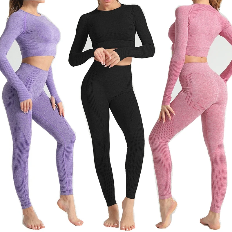Sportswear Leggings Crop-Top Yoga-Set Fitness Workout Long-Sleeve Seamless High-Waist
