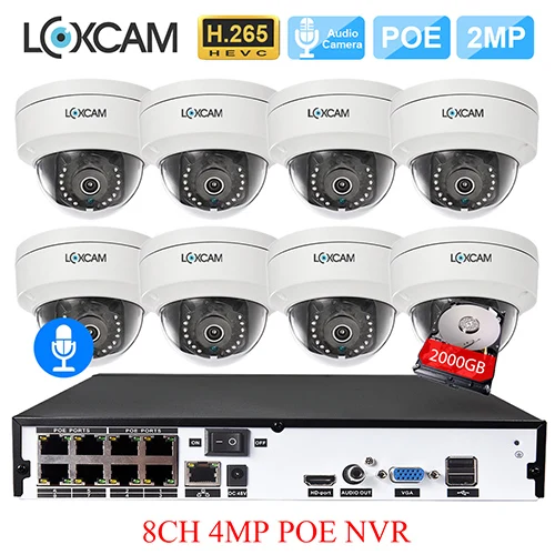 8CH NVR x 8 Cameras LOXCAM h.265+ 4MP система видеонаблюдения 48 В POE NVR комплект 2MP 1080P@ 25fps аудио запись IP66 безопасности вандалоустойчивый Купол POE комплект ip-камеры 2T - Цвет: 8CH NVR x 8 Cameras