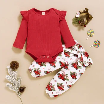 

Two Piece Baby Girl’s Clothes Fresh Solid Color Long Sleeve Jumpsuit and Christmas Element Long Pants