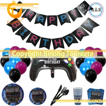 

to Create Game Theme Party Background Decoration Game on Gamepad Paper Pull Flag Balloon Tableware Set Party Decoration