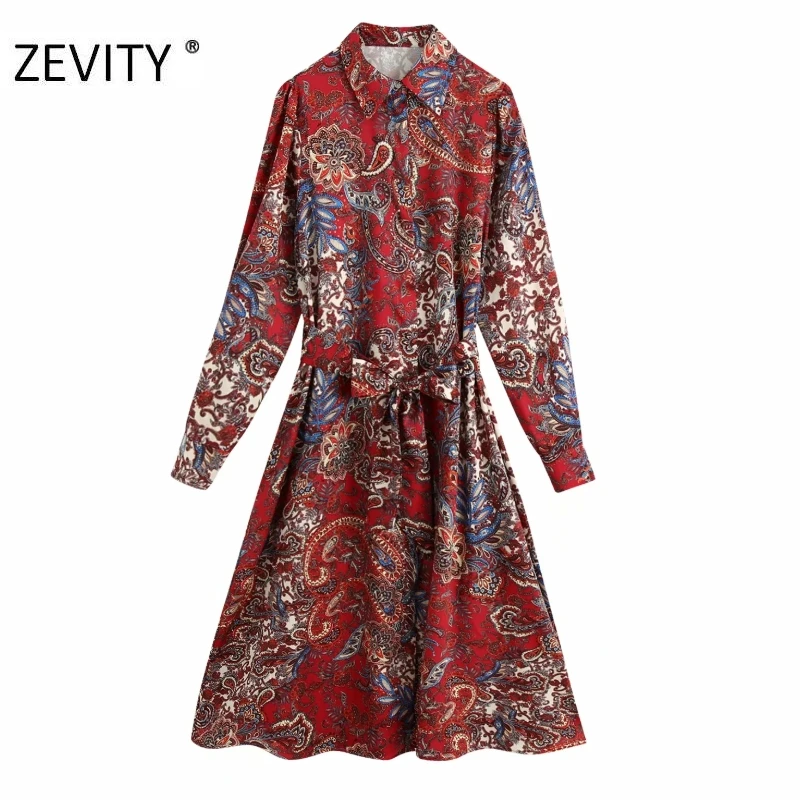 ZEVITY women vintage totem flower print bow tied sashes shirt dress female long sleeve paisley retro vestido chic dresses DS4439