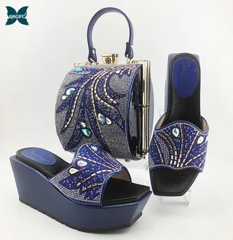 

2020 Lastest Royal Blue Color Ladies Italian design Shoes and Bag Set Decorated with Rhinestone African Wedding Shoe and Bag Set