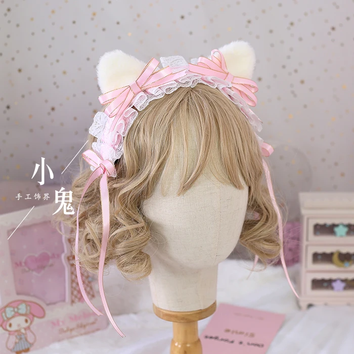 light pink Оригинальная повязка на голову ручной работы в японском стиле с милым бантом и кошачьими ушками, kc, астрология, повязка на голову в виде кошки, нежно-розовый, небесно-голубой цвет, sax - Цвет: light pink