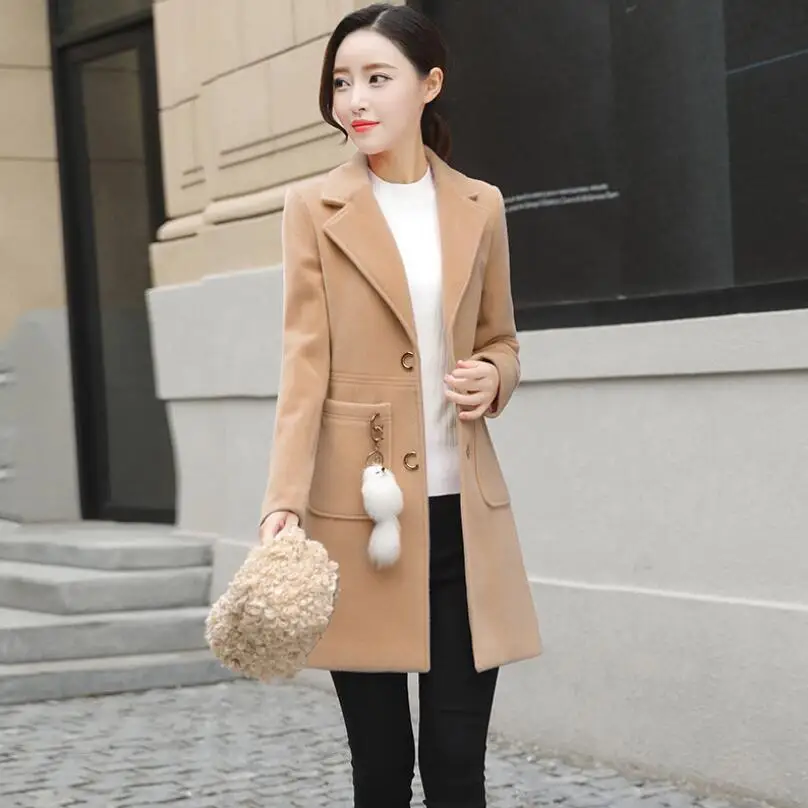 Пальто женское Шерстяное с длинным рукавом приталенное однотонное пальто