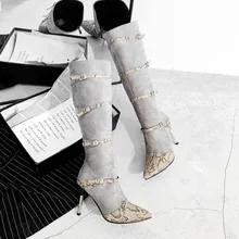 Пикантные женские сапоги на высоком каблуке; сапоги до бедра; женские сапоги из лакированной змеиной кожи с ремешком и пряжкой; пикантные сапоги с острым носком на каблуке;# g4