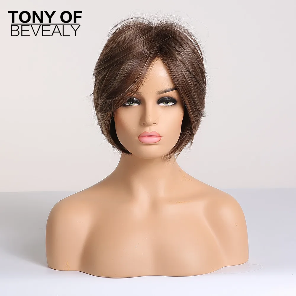 Короткий Боб коричневый прямые волосы боковая часть синтетические парики с