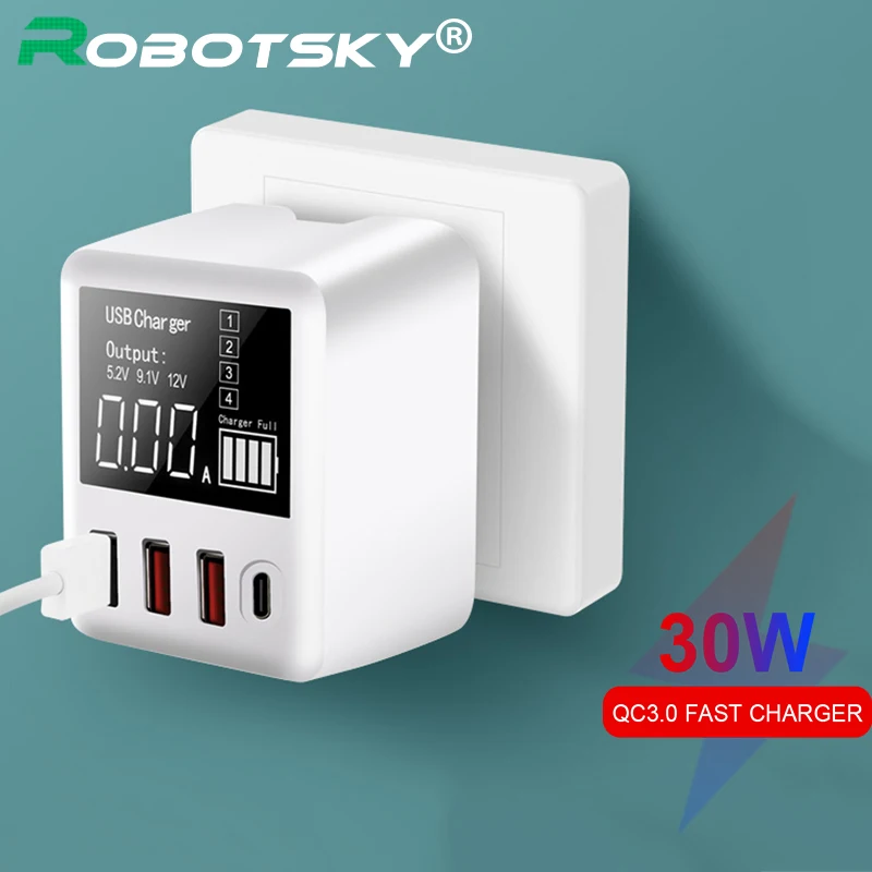 Быстрое зарядное устройство QC3.0 PD для телефонов с Micro USB Type C мощностью 30 Вт 3 порта +