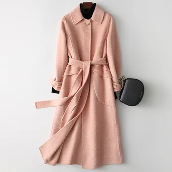 

2020 Women Woolen Coat Turn Down Collar Women Long Woolen Coat With Belt Casehmere Autumn Warm Coat Casaco Feminino