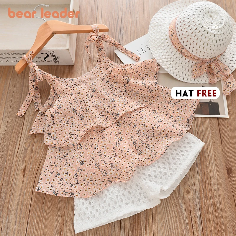 Bear Leader Girls Clothing Sets 2021 Summer Kids Clothes Floral Chiffon Halter+Embroidered Shorts Straw Children Clothing