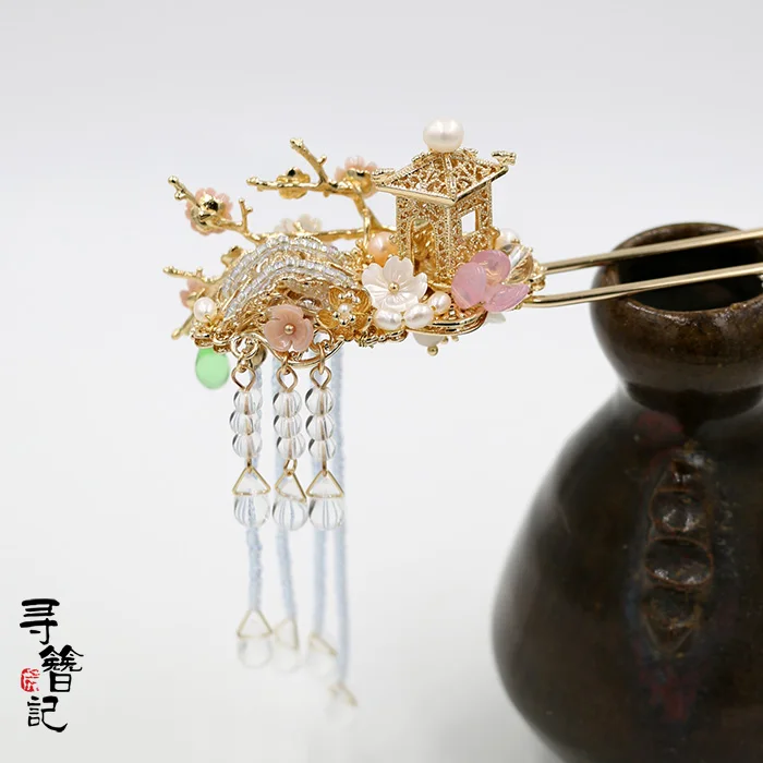 Традиционный наряд ханьфу Ретро цветок аксессуары-кисточки Kanzashi павильон Классическая Шпилька, которая сотрясается при ходьбе для волос, с узорами, ручной работы головной убор Косплей