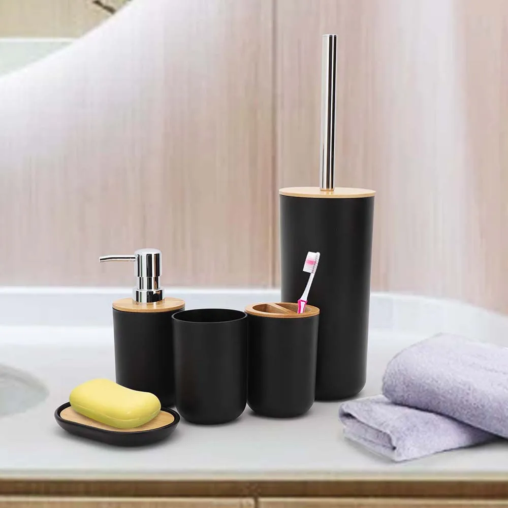 Details about   Bamboo 6x Bathroom Accessories Set Trash Can Toothbrush Holder Holder Soap Dish 