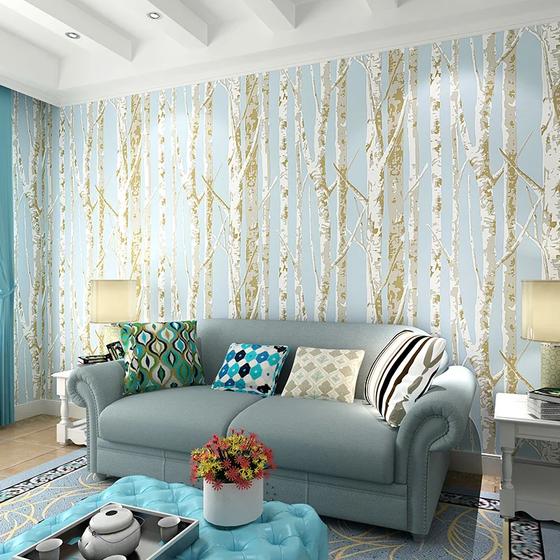 Modern Birch Tree Wallpaper Brief Wallpaper Trees Wallpaper 3d Mural Wall Roll For Living Room,non Woven Wallpapers For Walls green leaf peel and stick wallpaper handpainting palm trees self adhesive prepasted wallpaper waterproof thicken wall mural