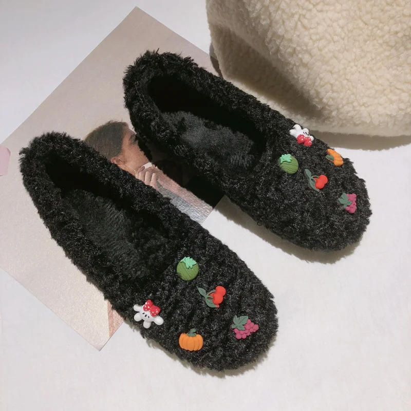 Cute decoration curly fur shoes woman plush warm round toe flats solid slip on winter cotton moccasins comfy lazy loafers female
