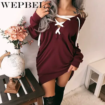

WEPBEL Women Solid Color Dress Autumn Winter Sexy Deep V Neck Low Cut Lace-up Pocket Sweatshirt Side Split Long Sleeve Dress