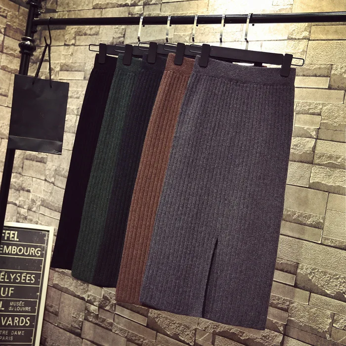 

Slit One-step Skirt Long Skirts Autumn And Winter Wool Skirt High-waisted Mid-length Knitted Skirt
