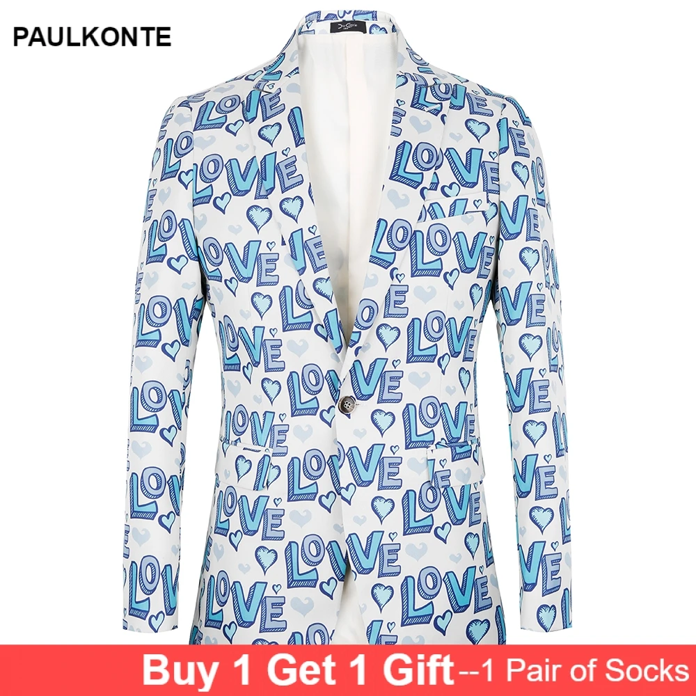Brand 2019 New Tide Mens Fashion Blazer print letters Love Design Euro Size Casual Male Slim Fit Suit Jacket Singer Costume