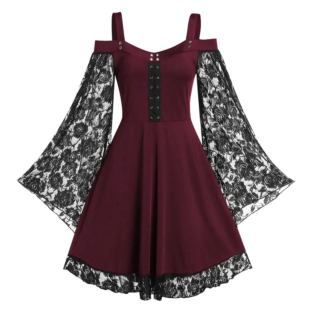 Женское готическое мини-платье в стиле стимпанк, модное кружевное короткое платье с расклешенным рукавом и v-образным вырезом на шнуровке, плюс свободное платье размера плюс# J30