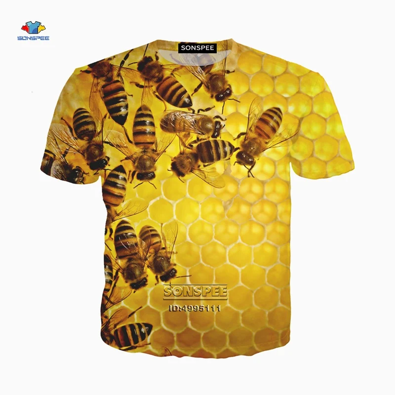 AFASSW Summer Mens Honey Bee Printed Oversized T Shirt 100% Cotton Hiphop Streetwear Unisex Short Sleeve Couples White Top Tees Cute Yellow Funny Animals