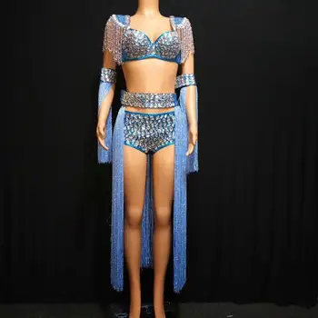

Bar Nightclub Women Singer Sexy Costume Blue Tassel Big Rhinestones Bikini 4-Pieces Dance Outfits Leading Dancer Costumes DT1543