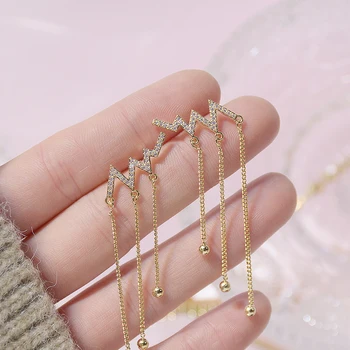 Bohemia Wave Heartbeat Tassel Women Earring 14K Real Gold Zirconia Lightning Stud Earrings Wedding Jewelry for Bridal Accessorie