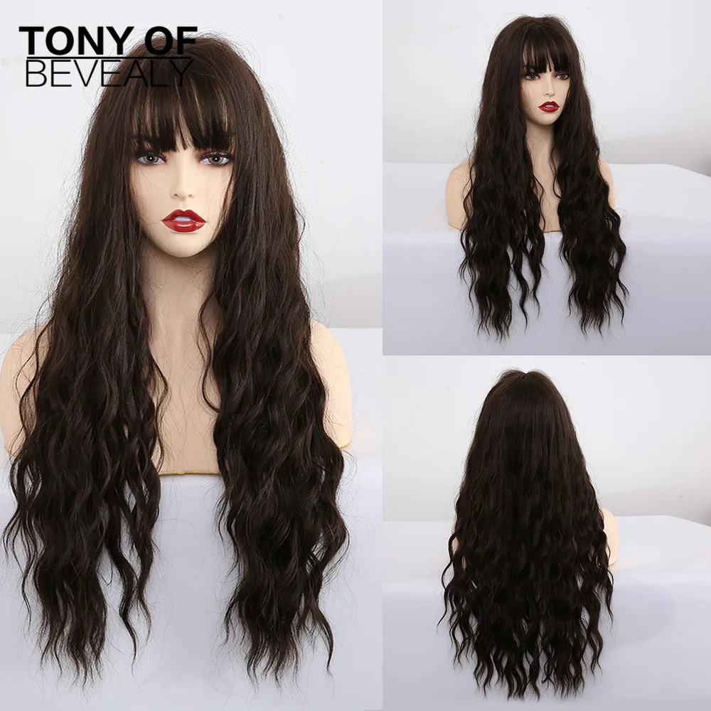Длинные волнистые коричневые парики с челкой термостойкие синтетические парики для черных женщин афро-американские Косплей парики средняя часть